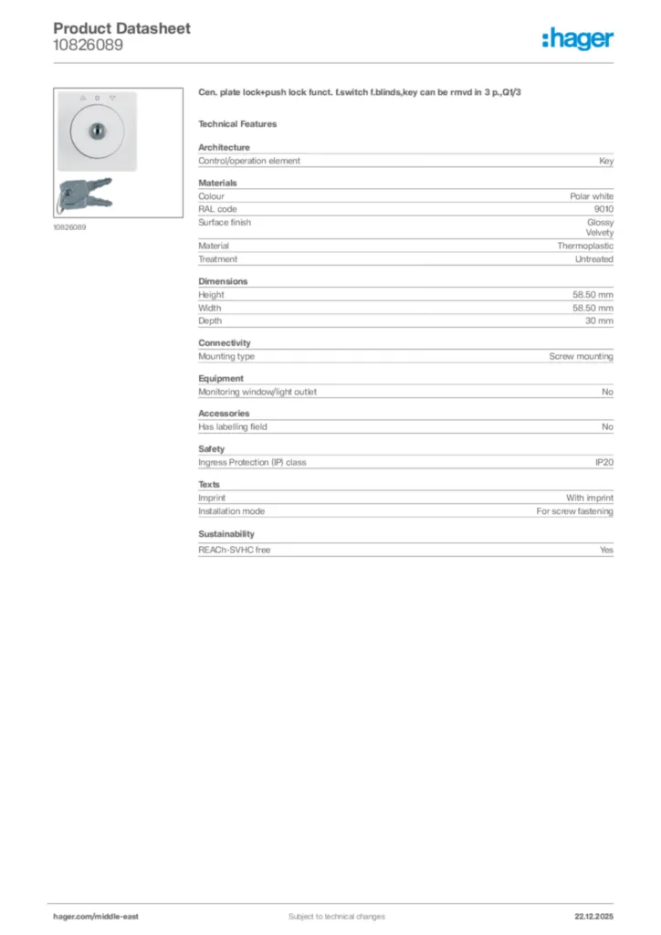 Image Hager Product data sheet 10826089  | Hager