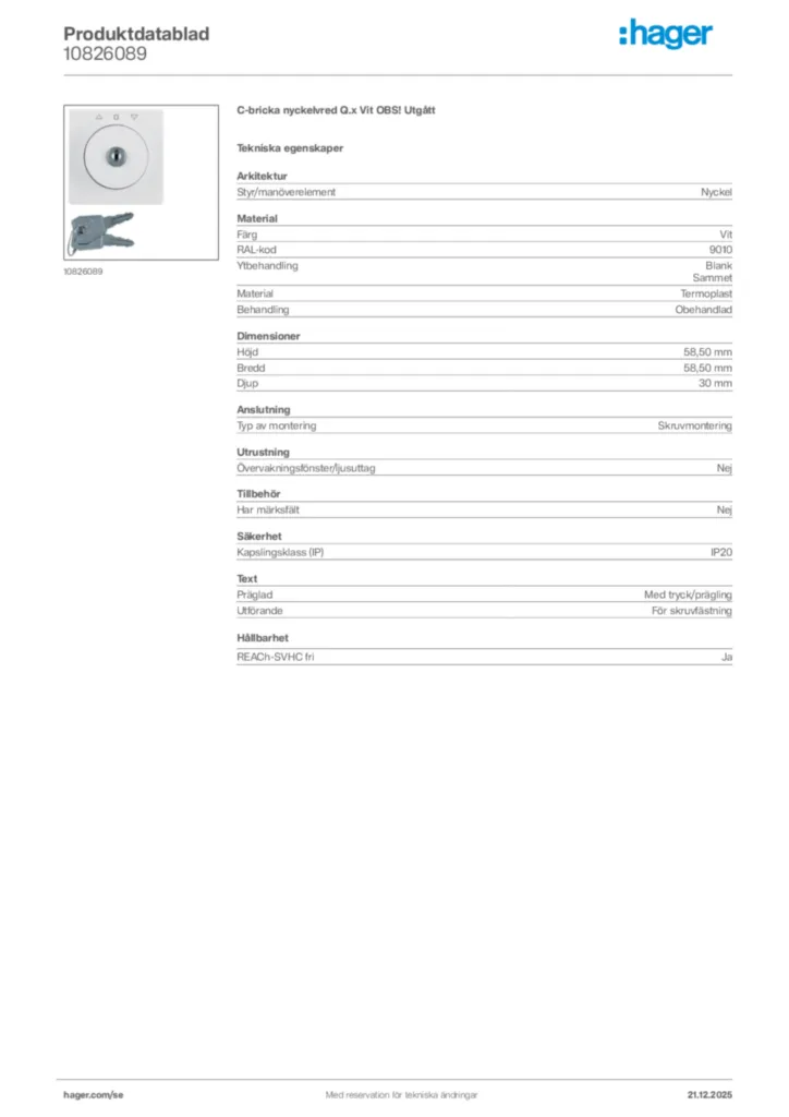 Bild Hager Produktdatablad 10826089 | Hager Sverige