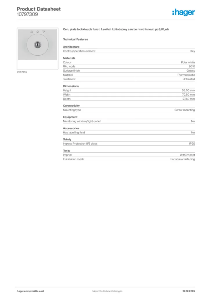 Image Hager Product data sheet 10797309  | Hager
