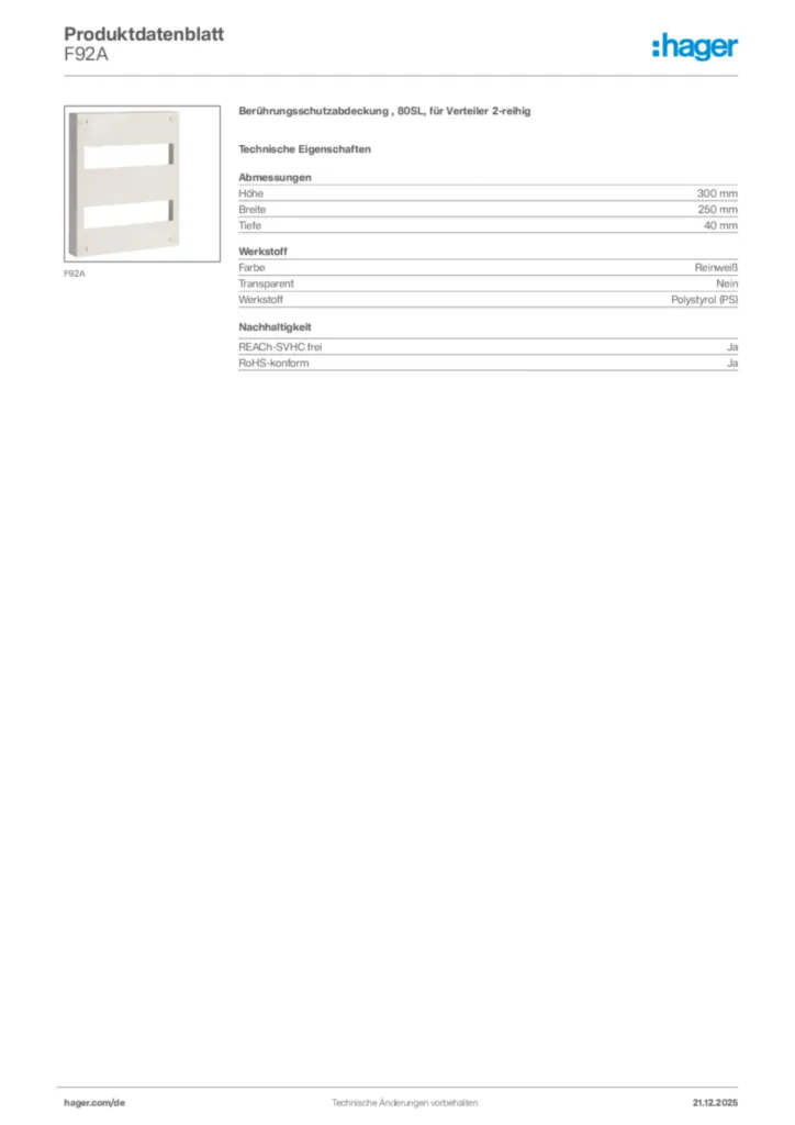 Bild Hager Produktdatenblatt F92A | Hager Deutschland