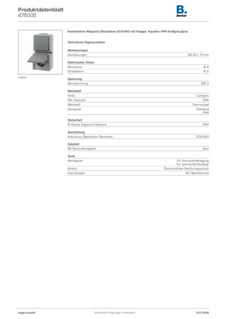 Bild Berker Produktdatenblatt 478005 | Hager Deutschland