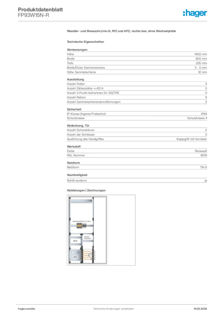 Bild Hager Produktdatenblatt FP93W15N-R | Hager Deutschland