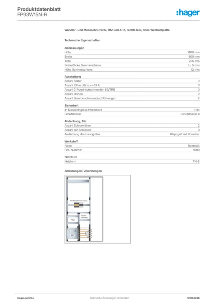 Bild Hager Produktdatenblatt FP93W15N-R | Hager Deutschland
