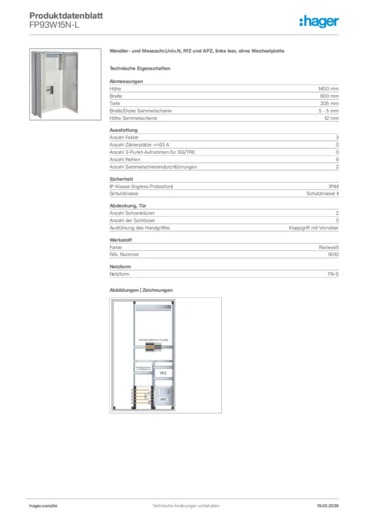 Bild Hager Produktdatenblatt FP93W15N-L | Hager Deutschland
