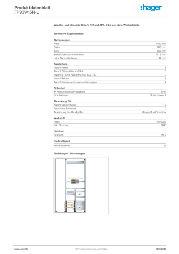 Bild Hager Produktdatenblatt FP93W15N-L | Hager Deutschland