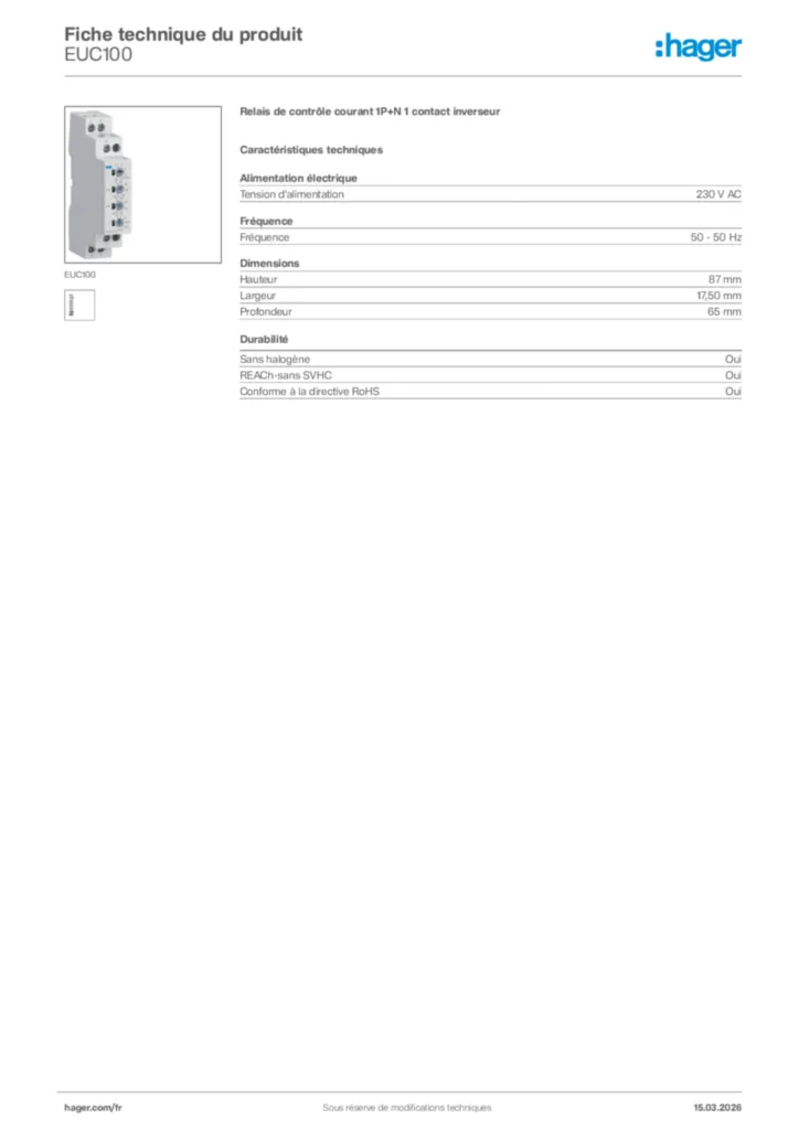 Image Hager Fiche technique du produit EUC100 | Hager France