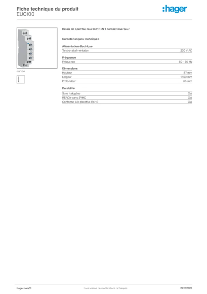 Image Hager Fiche technique du produit EUC100 | Hager France