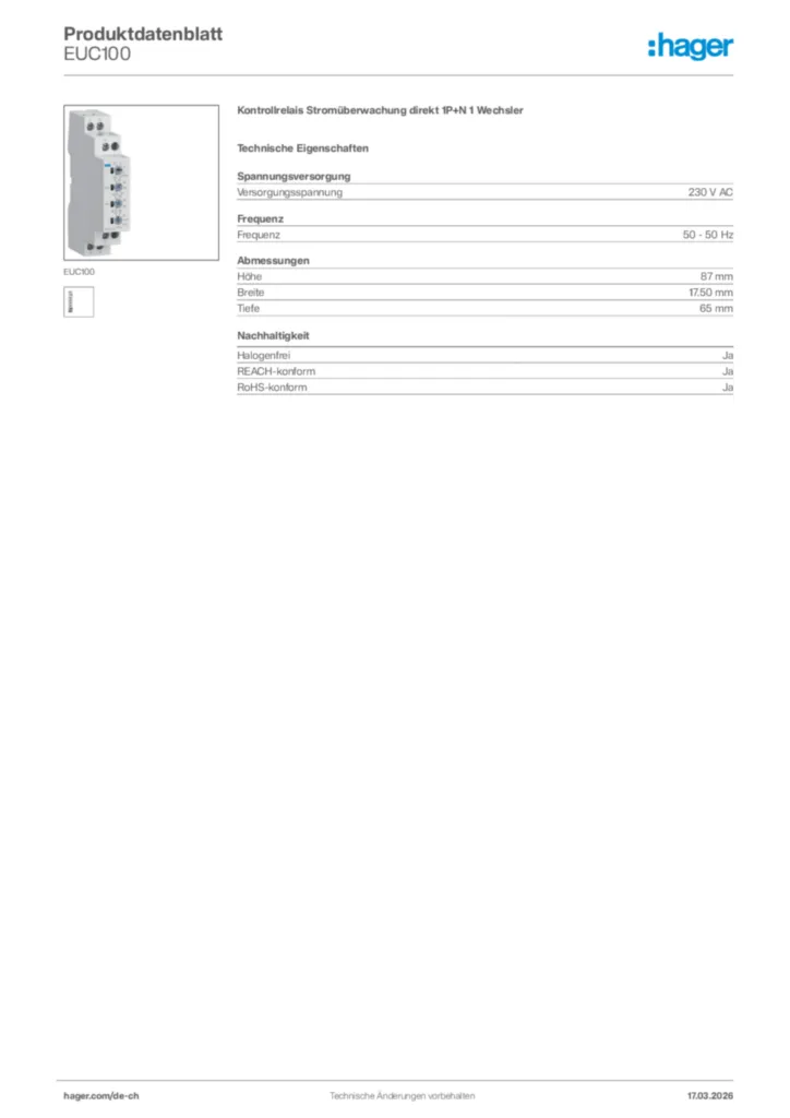 Bild Hager Produktdatenblatt EUC100 | Hager Schweiz