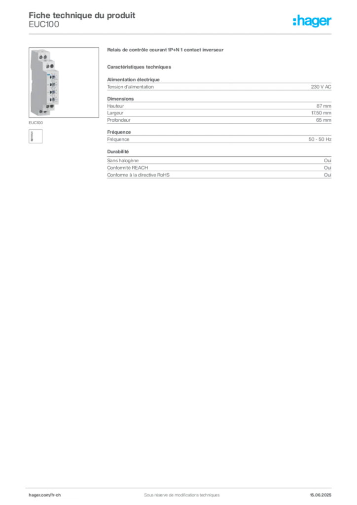 Image Hager Fiche technique du produit EUC100 | Hager Suisse