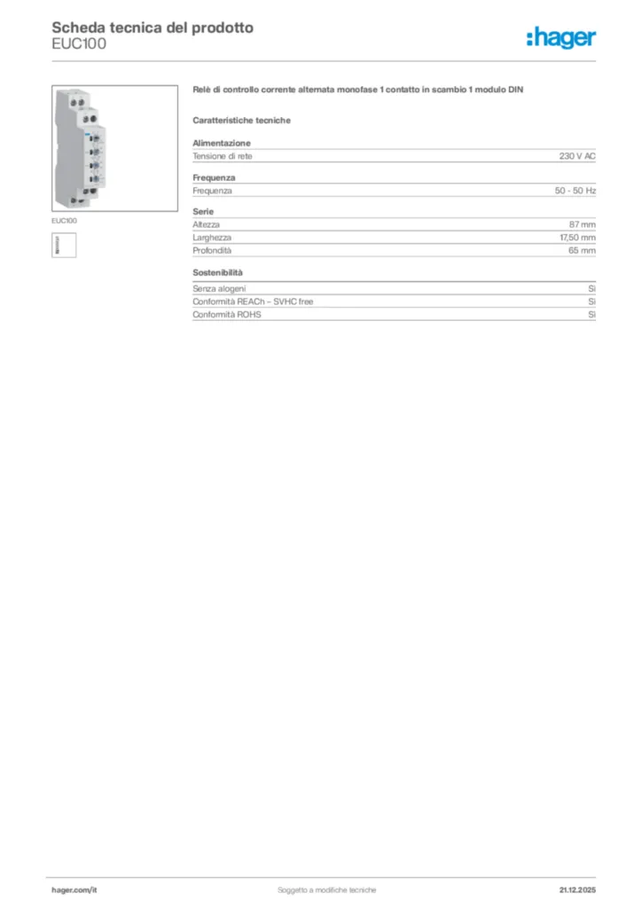 Immagine Hager Scheda tecnica del prodotto EUC100 | Hager Italia