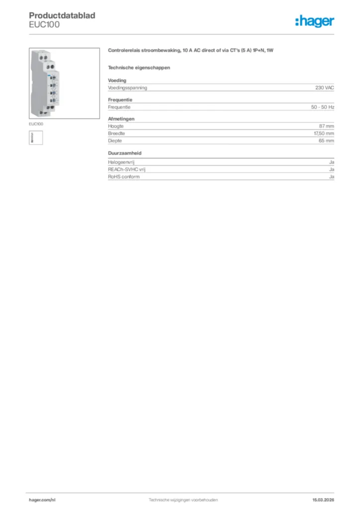 Afbeelding Hager Productdatablad EUC100 | Hager Nederland
