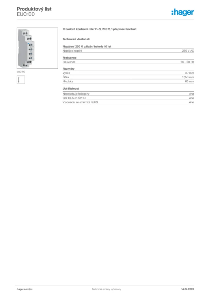 Obrázek Hager Product data sheet EUC100 | Hager