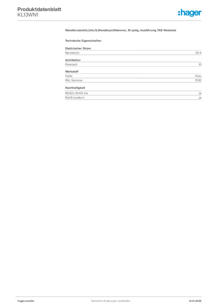 Bild Hager Produktdatenblatt KL13WN1 | Hager Deutschland