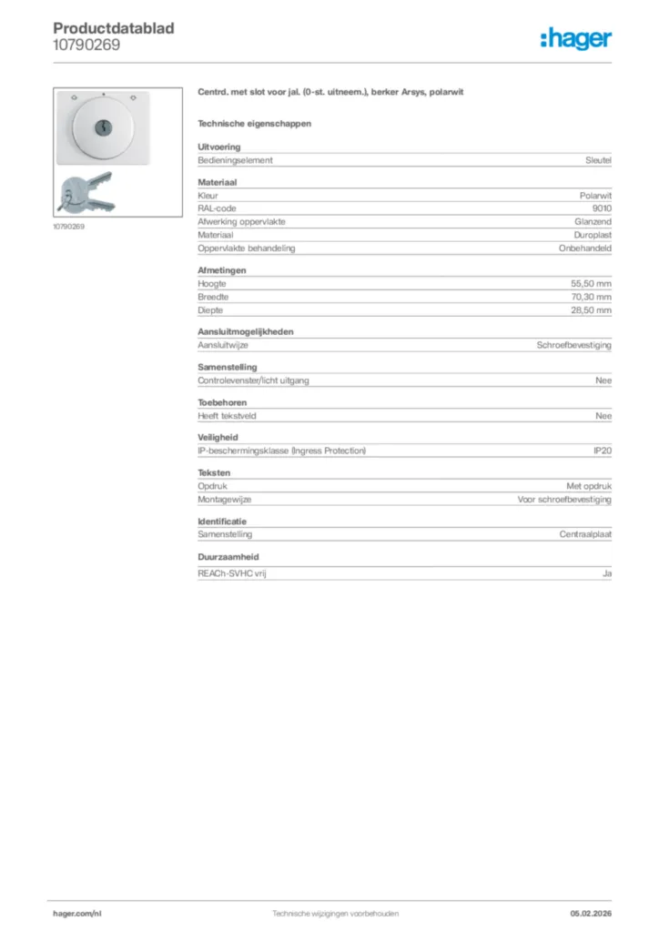 Afbeelding Hager Productdatablad 10790269 | Hager Nederland