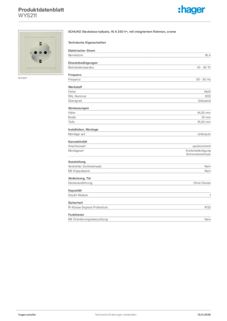 Bild Hager Produktdatenblatt WYS211 | Hager Deutschland