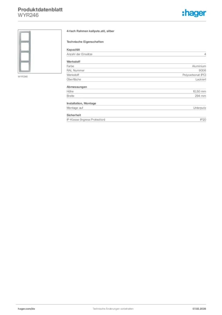 Bild Hager Produktdatenblatt WYR246 | Hager Deutschland