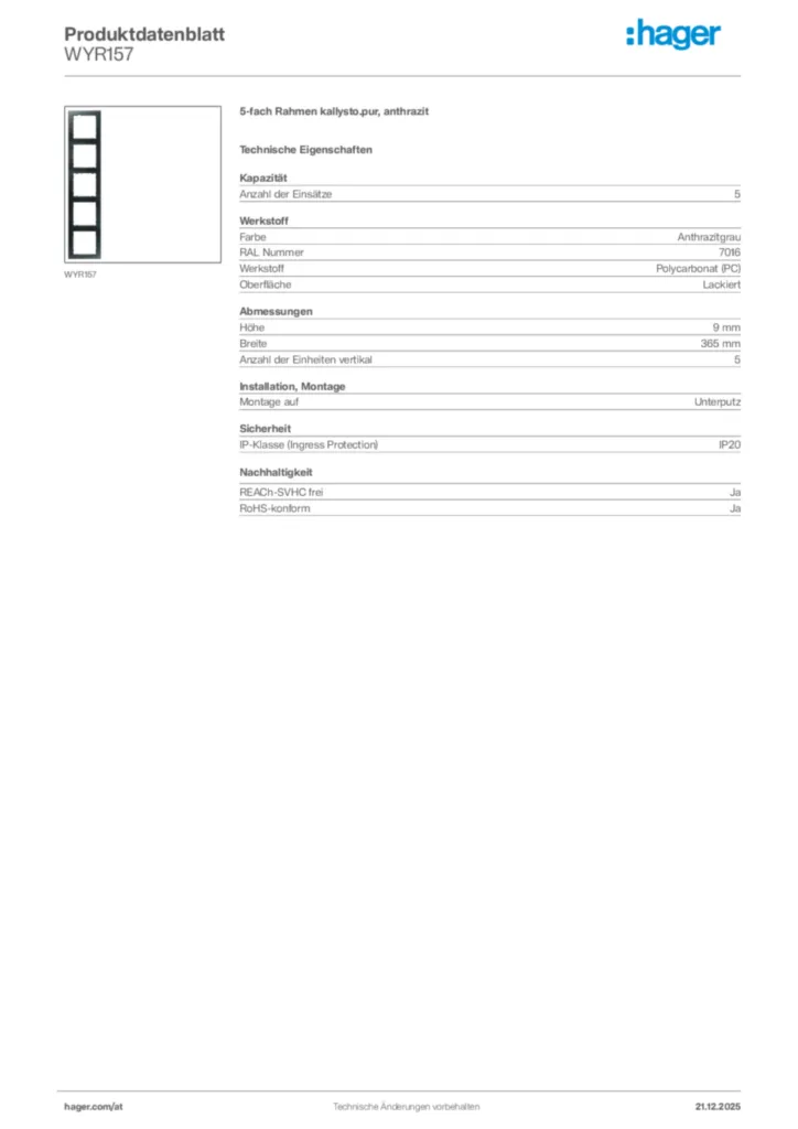 Bild Hager Produktdatenblatt WYR157 | Hager Deutschland