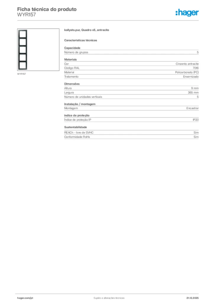 Imagem Hager Ficha técnica do produto WYR157 | Hager Portugal