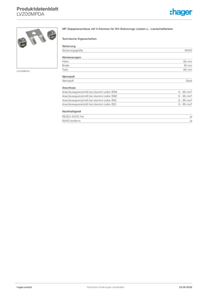 Bild Hager Produktdatenblatt LVZ00MPDA | Hager Deutschland