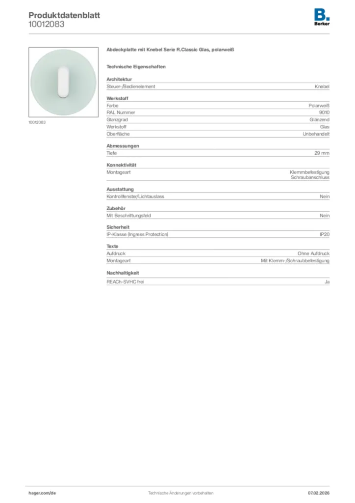 Bild Berker Produktdatenblatt 10012083 | Hager Deutschland