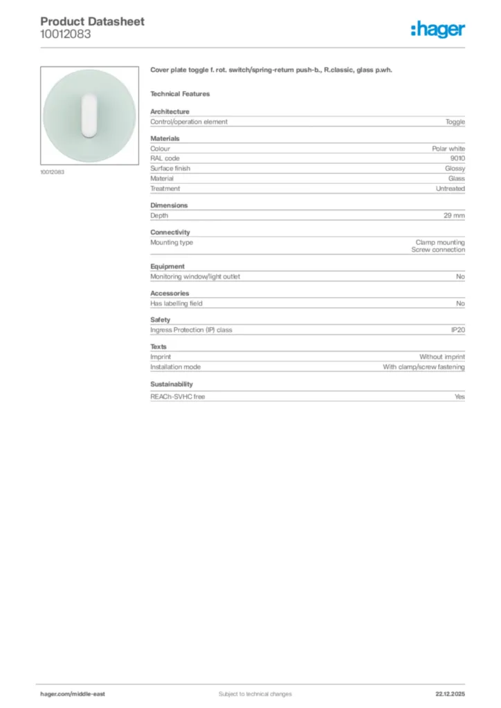 Image Hager Product data sheet 10012083  | Hager