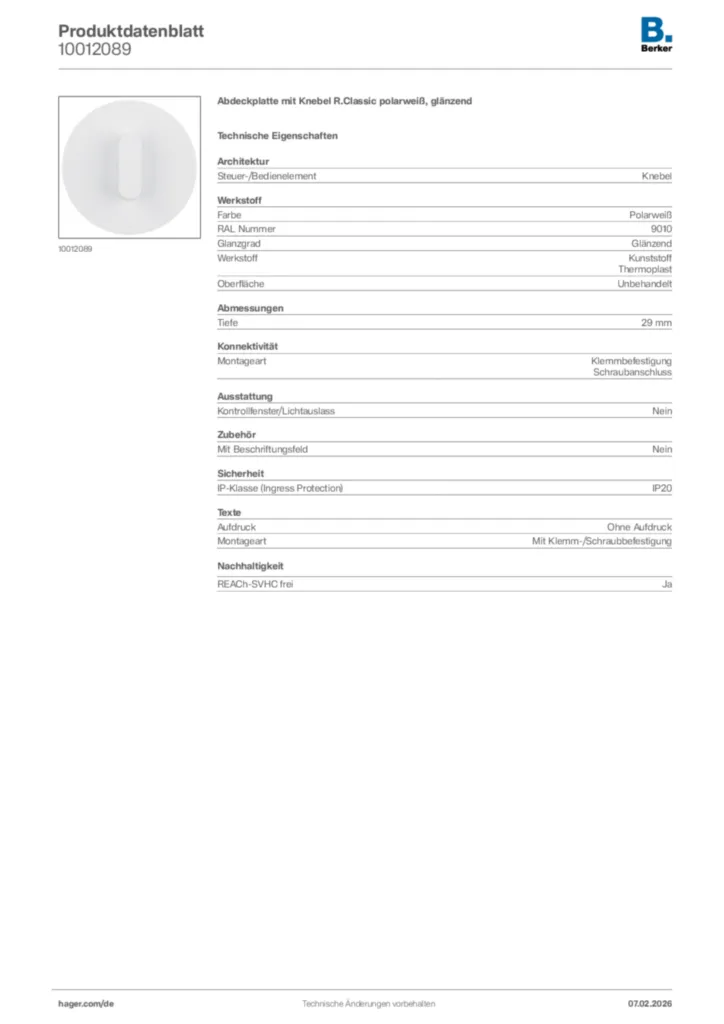 Bild Berker Produktdatenblatt 10012089 | Hager Deutschland