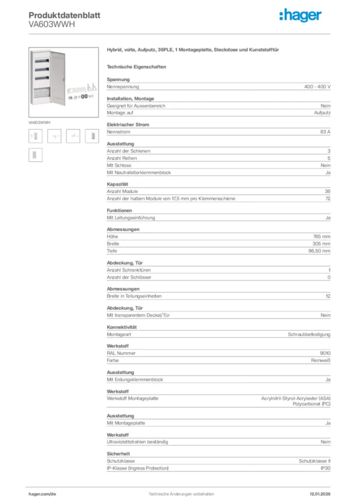 Bild Hager Produktdatenblatt VA603WWH | Hager Deutschland