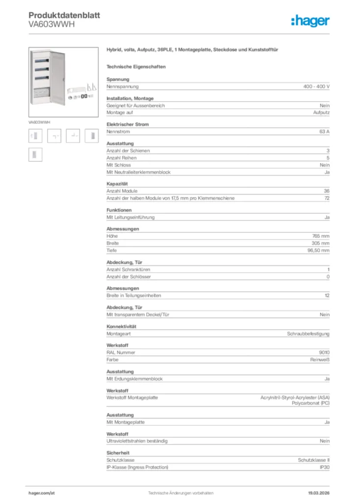Bild Hager Produktdatenblatt VA603WWH | Hager Deutschland