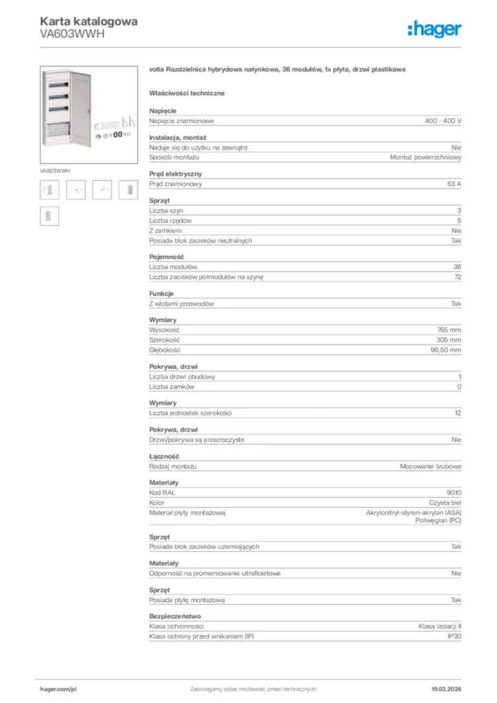 Zdjęcie Hager Karta katalogowa VA603WWH | Hager Polska