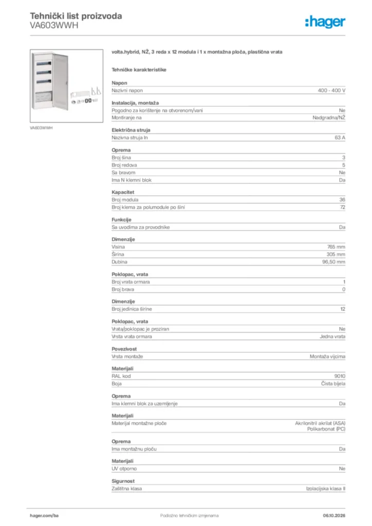 Slika Hager Tehnički list proizvoda VA603WWH  | Hager