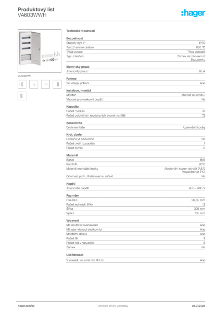 Obrázek Hager Produktový list VA603WWH | Hager
