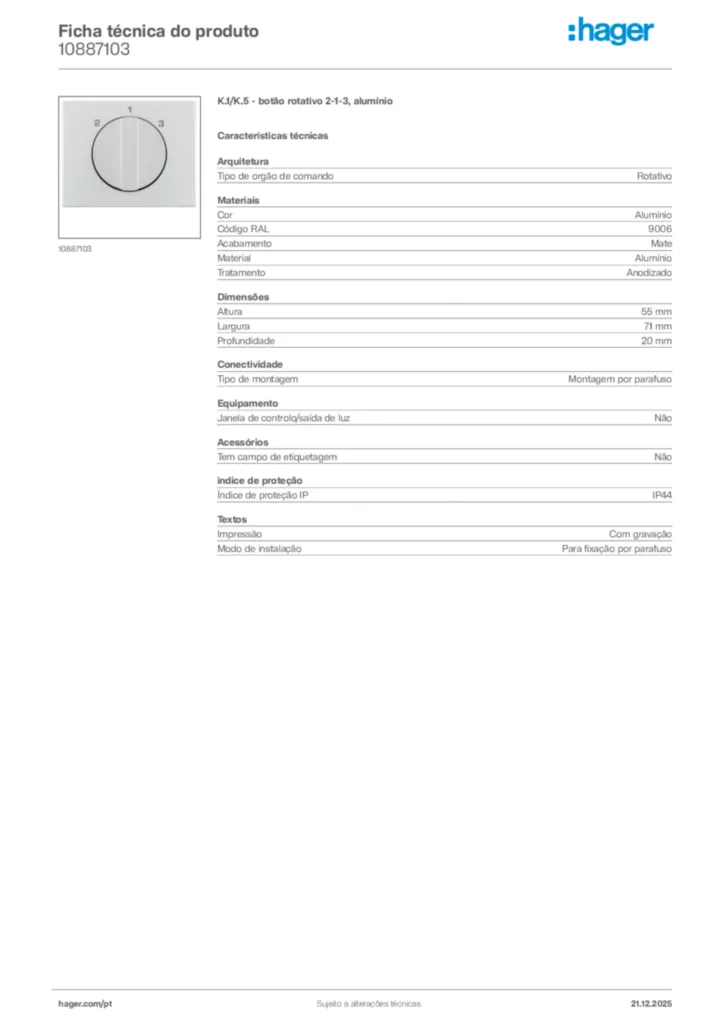 Imagem Hager Ficha técnica do produto 10887103 | Hager Portugal