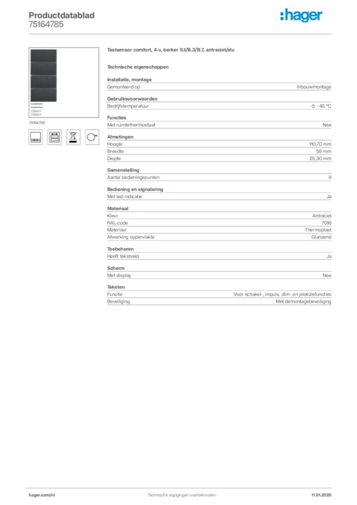 Afbeelding Hager Productdatablad 75164785 | Hager Nederland