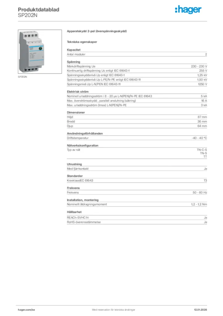 Bild Hager Produktdatablad SP202N | Hager Sverige