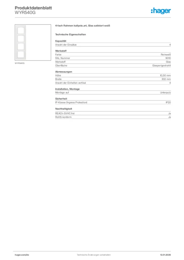 Bild Hager Produktdatenblatt WYR540G | Hager Deutschland