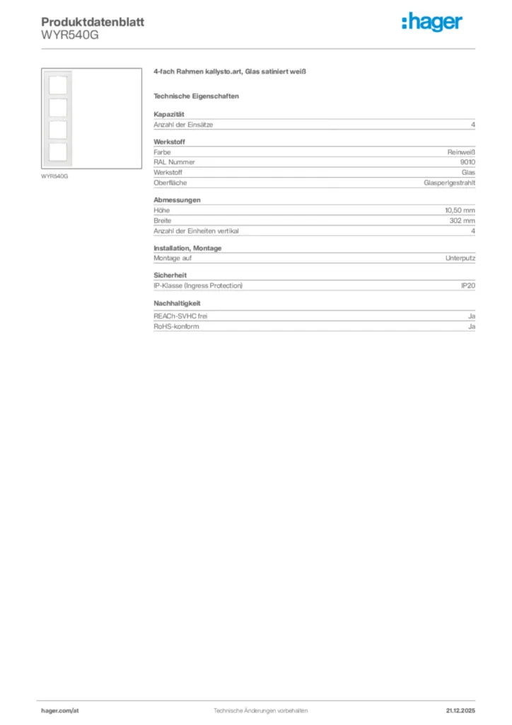 Bild Hager Produktdatenblatt WYR540G | Hager Deutschland