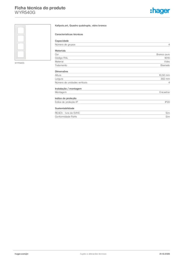 Imagem Hager Ficha técnica do produto WYR540G | Hager Portugal