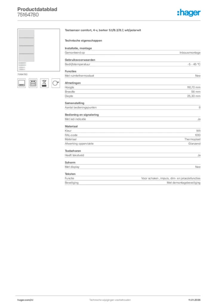 Afbeelding Hager Productdatablad 75164780 | Hager Nederland
