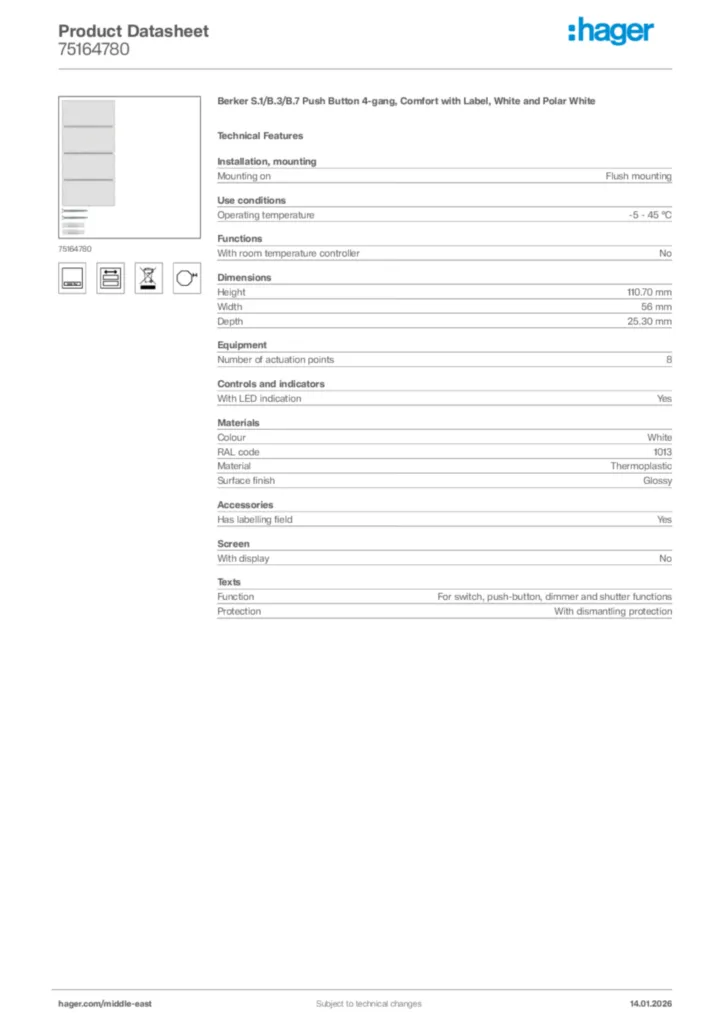 Image Hager Product data sheet 75164780  | Hager