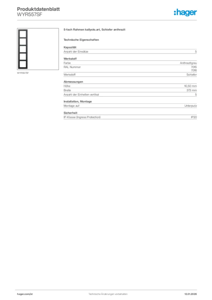 Bild Hager Produktdatenblatt WYR557SF | Hager Deutschland