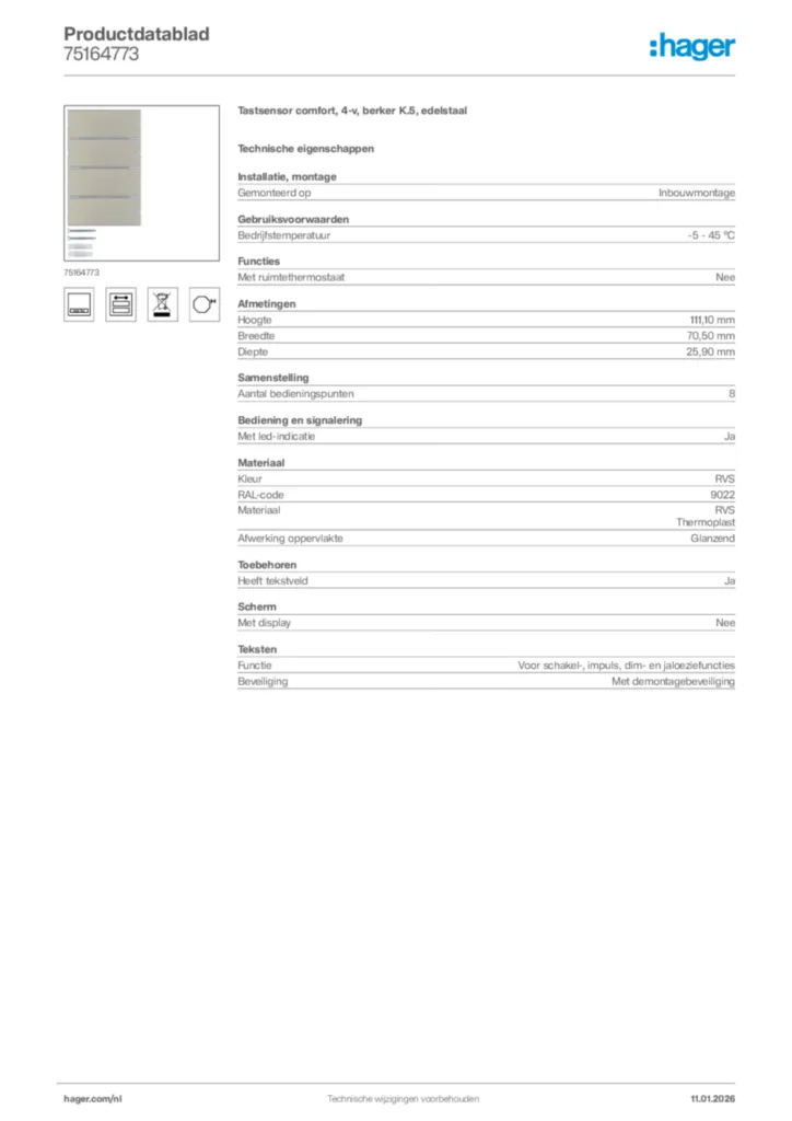 Afbeelding Hager Productdatablad 75164773 | Hager Nederland