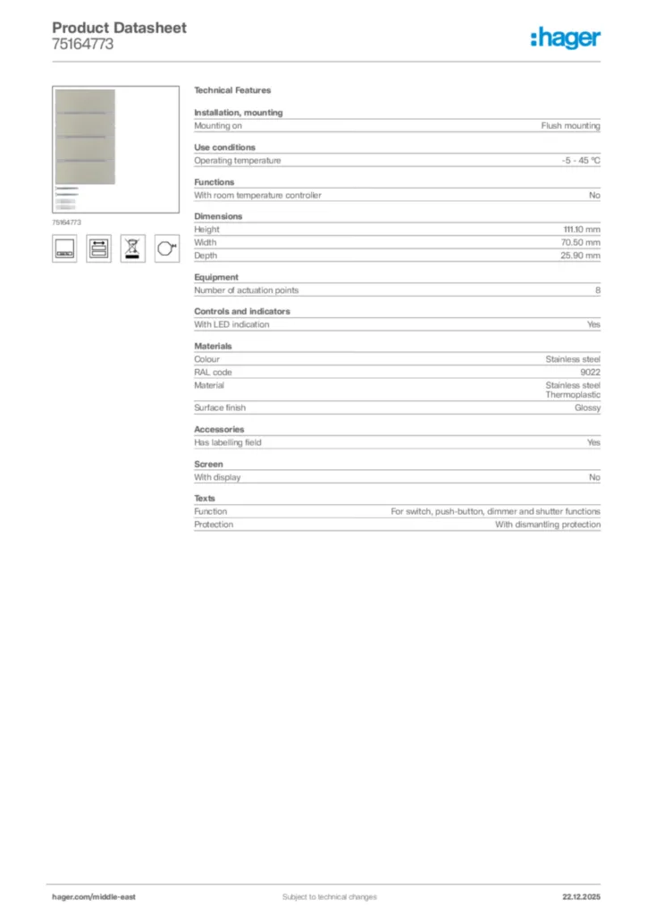 Image Hager Product data sheet 75164773  | Hager