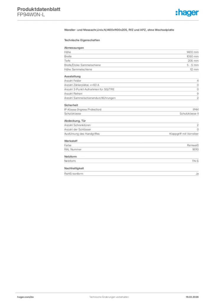 Bild Hager Produktdatenblatt FP94W0N-L | Hager Deutschland