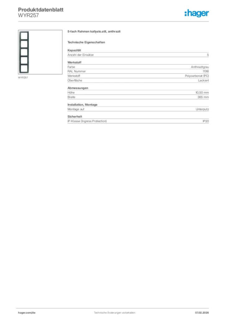 Bild Hager Produktdatenblatt WYR257 | Hager Deutschland