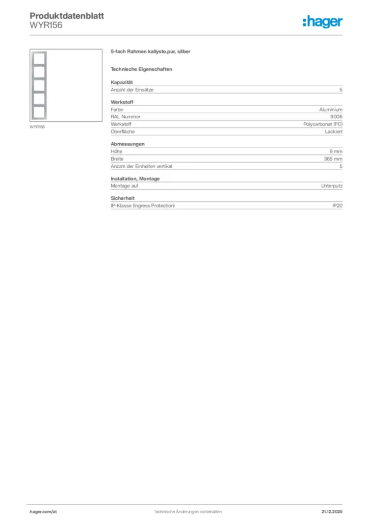 Bild Hager Produktdatenblatt WYR156 | Hager Deutschland