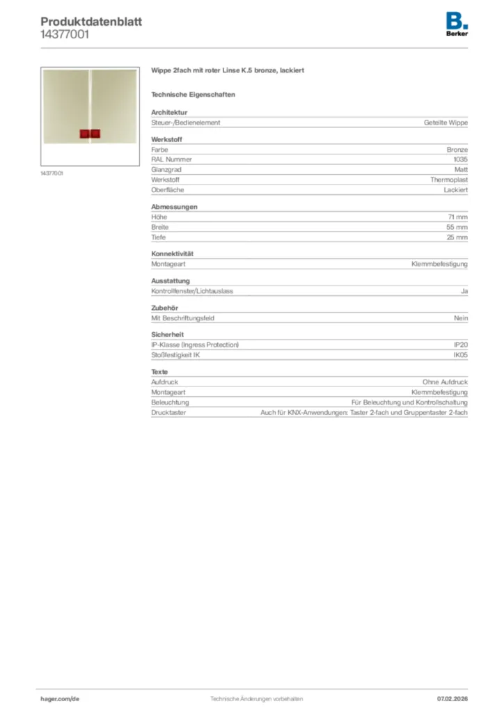 Bild Berker Produktdatenblatt 14377001 | Hager Deutschland