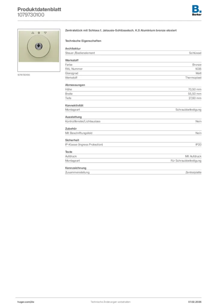 Bild Berker Produktdatenblatt 1079730100 | Hager Deutschland