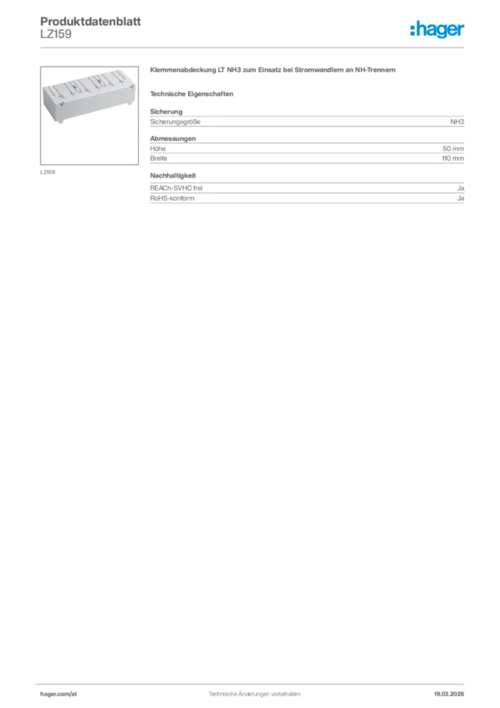 Bild Hager Produktdatenblatt LZ159 | Hager Deutschland