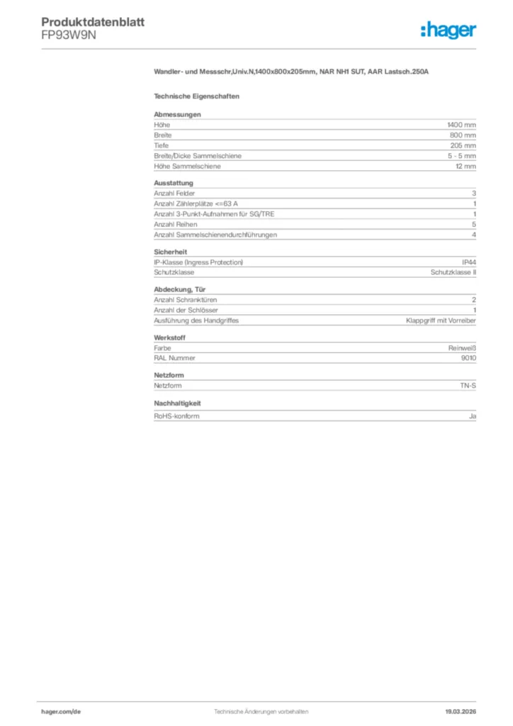 Bild Hager Produktdatenblatt FP93W9N | Hager Deutschland