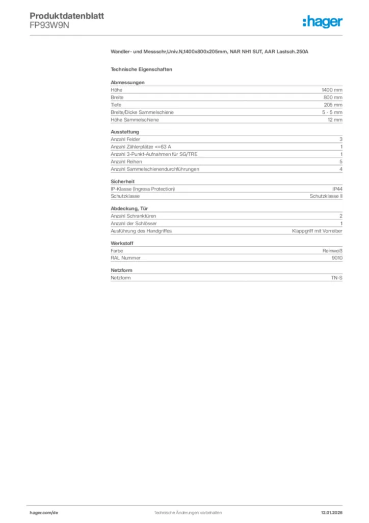 Bild Hager Produktdatenblatt FP93W9N | Hager Deutschland